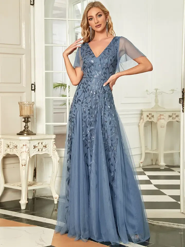 Elegant woman in a lavender purple formal gown